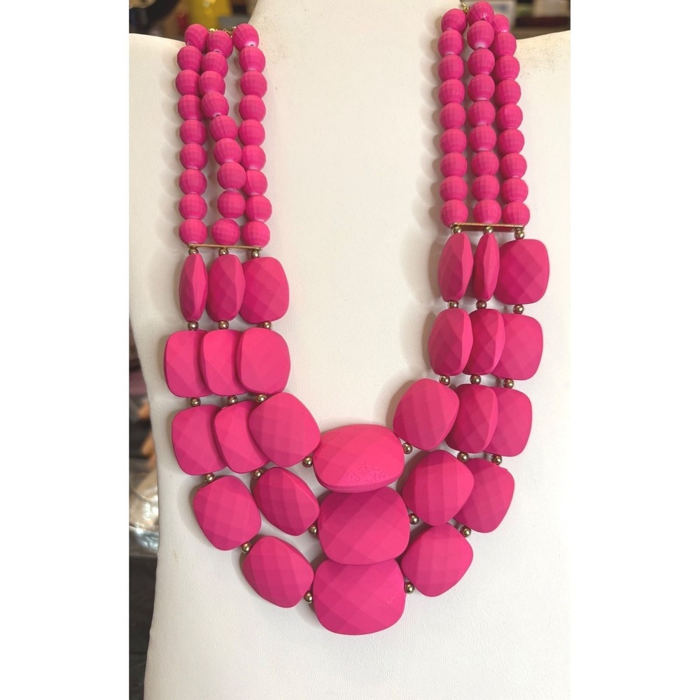Hot Pink Triple Strand Faceted Bead Statement Bib Necklace Gold Tone Hardware